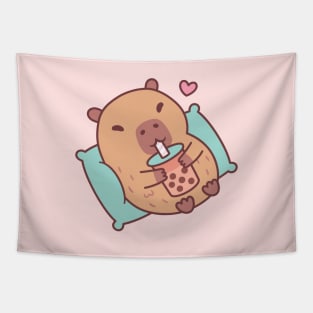 Cute Capybara Chilling And Drinking Bubble Tea Tapestry