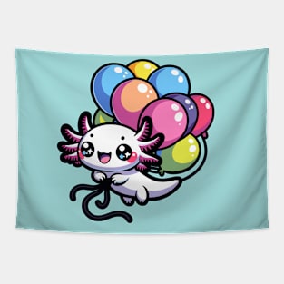 Tiny Axolotl Floating on Balloon - Adorable Salamander Amphibian Tapestry