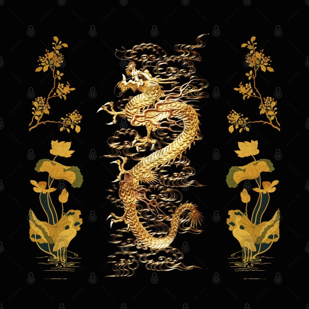 GOLD DRAGON IN BLACK,Egret,Lotus,Green Gold Floral by BulganLumini