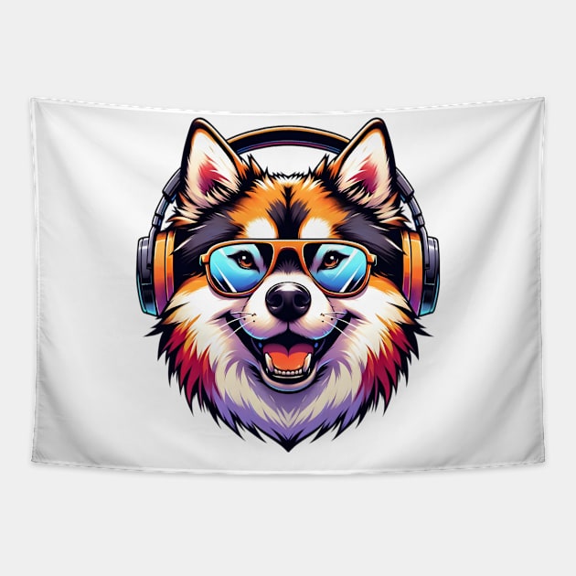 Norwegian Buhund as Smiling DJ with Headphones and Sunglasses Tapestry by ArtRUs