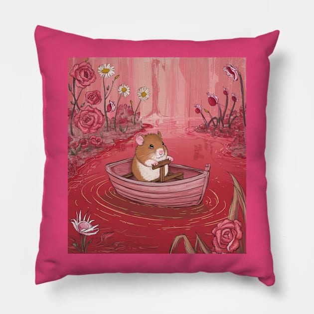 AI generated floral lake hamster on boat Pillow by Catbrat