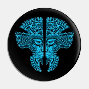 Blue and Black Mayan Twins Mask Illusion Pin