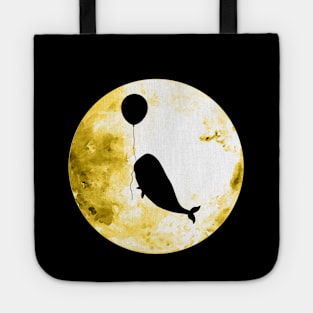 Whale flies with a balloon, black silhouette on the yellow moon Tote