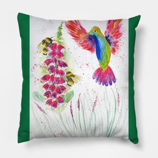 Cute Hummingbird, bumblebees and Foxglove Pillow