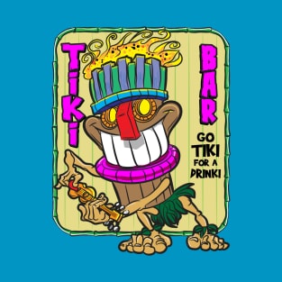 Tiki Bar, Happy Tiki playing Ukulele, Go Drinki with a Tiki T-Shirt