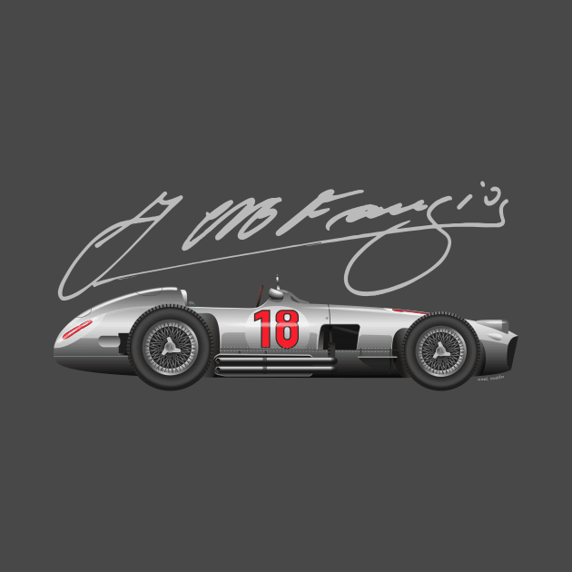 Juan Manuel Fangio W196 illustration with signature by Burro Wheel