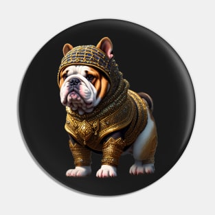 Badass Bulldog Puppy in Golden Chainmail Armor and Helmet Pin