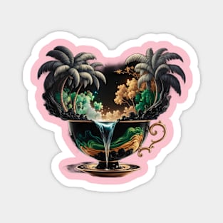 Cup with Liquid Spilling Out, Transforming Into a Landscape Scene with Palm Trees Magnet