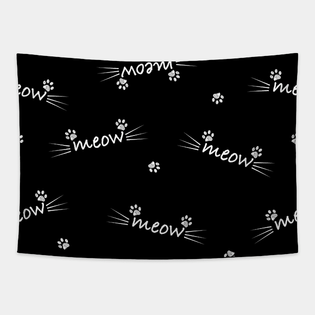 Meow text with doodle cat paw prints Tapestry by GULSENGUNEL