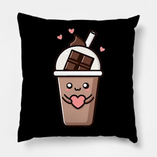 Kawaii Chocolate Milkshake with Hearts | Cute Kawaii Food Art for Kawaii Lovers Pillow