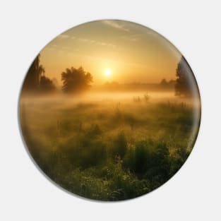 Sunrise over a green meadow fog rises in the summer Pin