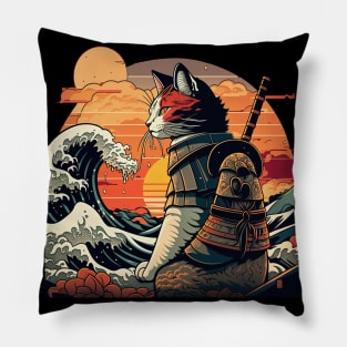 Samurai Cat vs The Great Wave Pillow