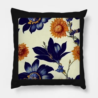 Deep Blue and Rust Autumn Orange Vintage Floral Pillow