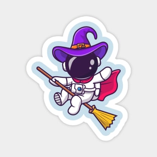 Cute Witch Astronaut Flying With A Magic Broom Cartoon Magnet