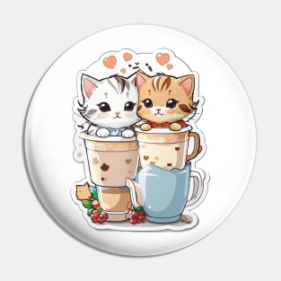 Cute Kittens With A Cup Of Milk Tea Pin