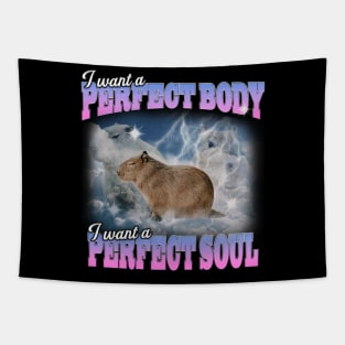 Cabybara Vintage 90s Bootleg Style Graphic T-Shirt, i want a perfect body i want a perfect soul Shirt, Funny Capybara Meme Tapestry