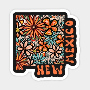 New Mexico State Design | Artist Designed Illustration Featuring New Mexico State Outline Filled With Retro Flowers with Retro Hand-Lettering Magnet