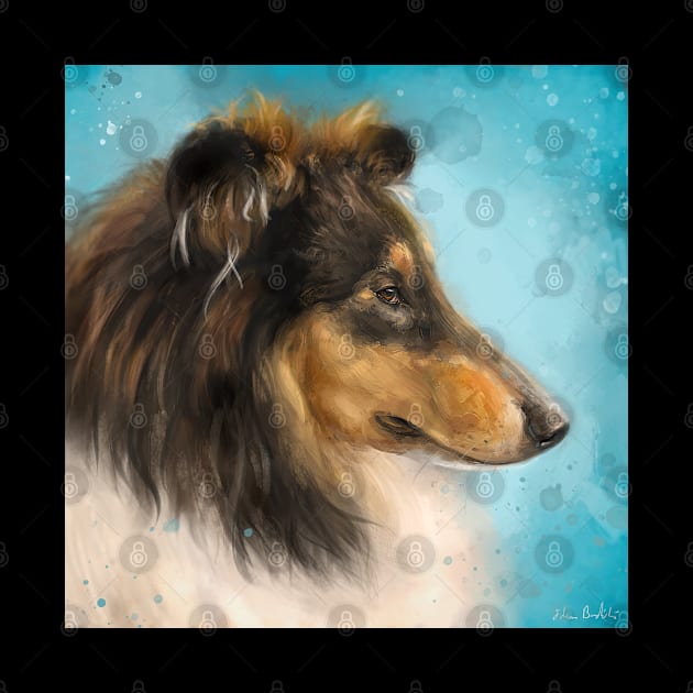 Painting of a Three Colored Collie Dog on Blue Background by ibadishi