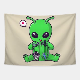 Cute Alien Playing Astronaut And Earth Puppet Cartoon Tapestry