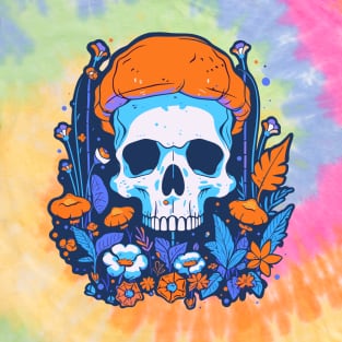 Psychedelic Mushroom Skull in a garden of Vibrant Flowers T-Shirt