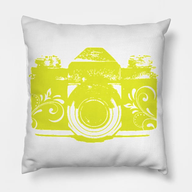 Grungy vintage camera with swirls Pillow by chris@christinearnold.com