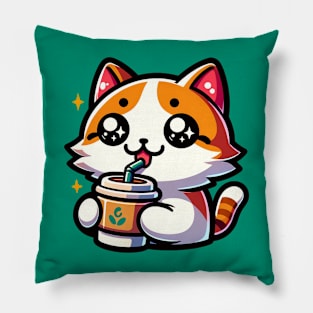 Kawaii Cat Drinking Coffee Pillow