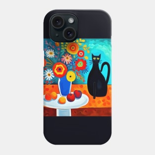 Still Life Painting with Black Cat and Flowers in a Blue Vase Phone Case