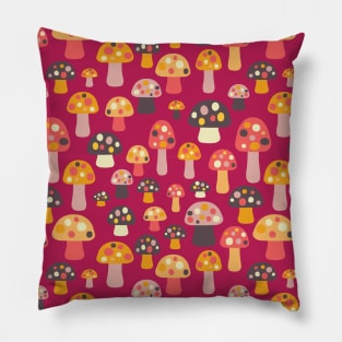 Mushrooms orange, pink, brown on a dark pink background. Pillow