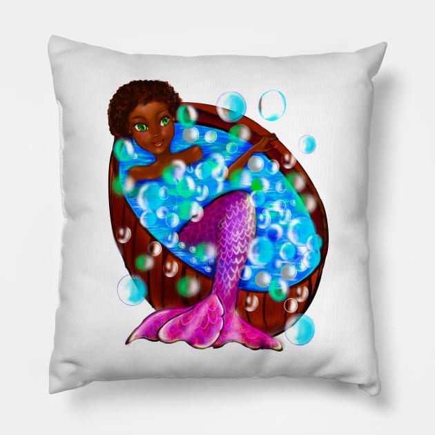 Mermaid spa day- Black anime mermaid in bubble bath. Pretty black girl with Afro hair, green eyes, Cherry pink lips and dark brown skin. Hair love ! Pillow by Artonmytee