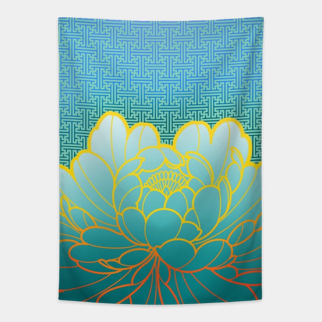 turquoise peony flower and sayagata pattern Tapestry by weilertsen