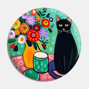 Black Cat with Still Life Flowers in a Yellow Vase Still Life Painting Pin