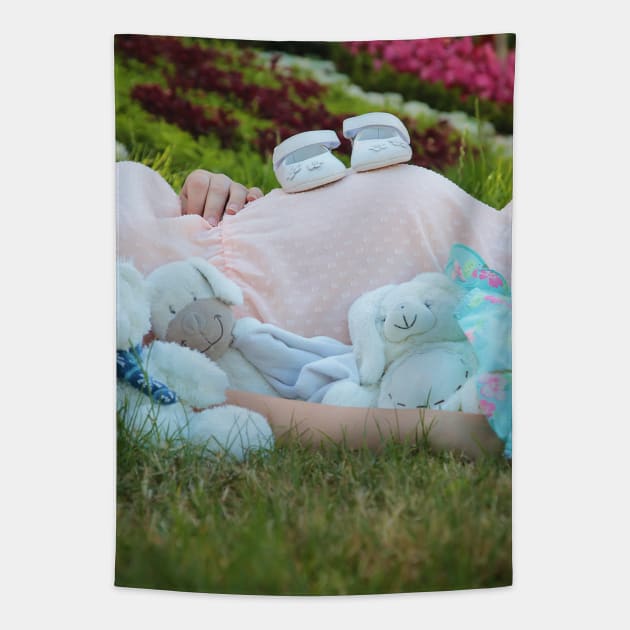 pregnant woman in the park surrounded by stuffed toys Tapestry by psychoshadow