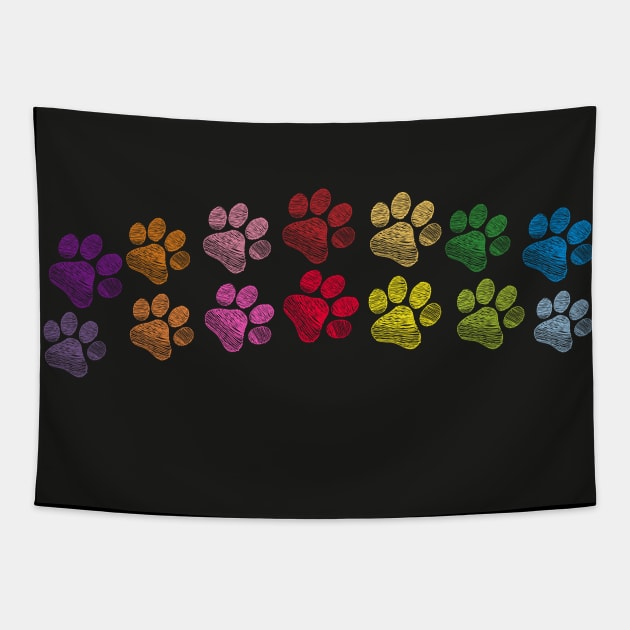 Cute doodle hand drawn colorful paw prints foot step vector black background Tapestry by GULSENGUNEL