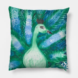 Green and Blue Swirls Watercolor Peacock Animal Portrait (Pattern) Pillow