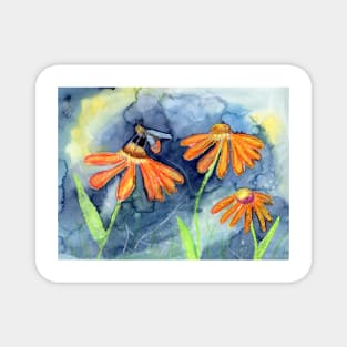 Bumble Bee with Orange Flowers Colorful Mixed Media Art Magnet