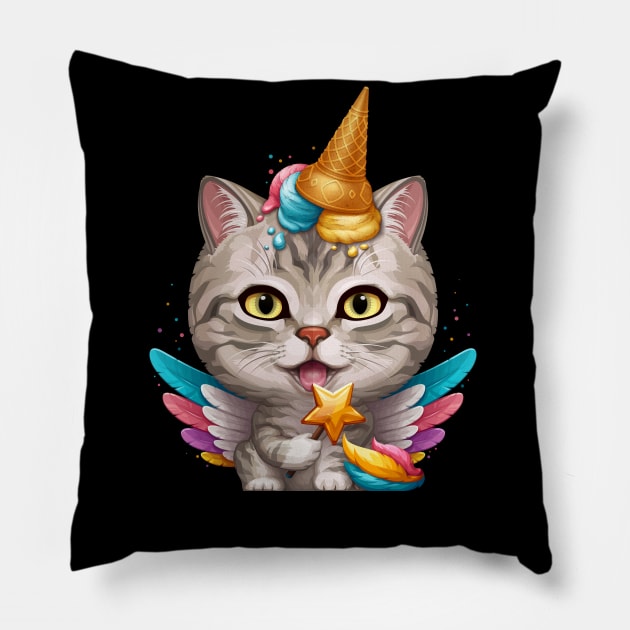 Silver Tabby Cat Ice Cream Unicorn Pillow by stonemask