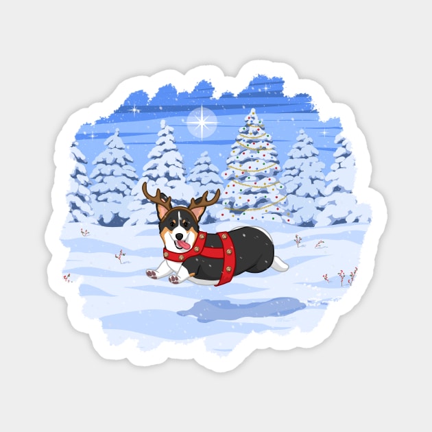 Cute Black Pembroke Corgi in Christmas Reindeer Costume Magnet by csforest