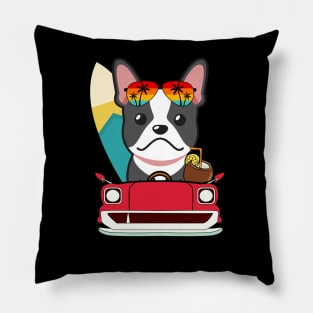 Surfer french bulldog driving to the beach Pillow