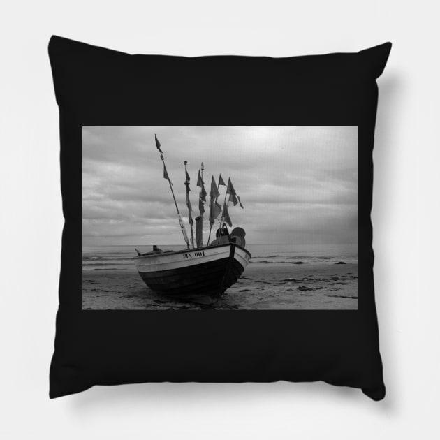 fishing boat, b&w Pillow by jomaot