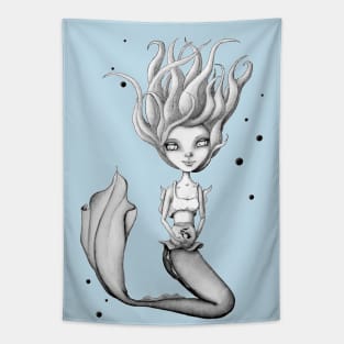 Miss Mermie and Her Pet Fish (Black and White Version) Tapestry