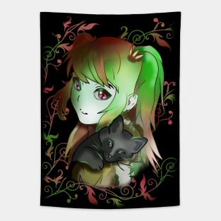 Green witch girl with black kitten for anime fans Tapestry