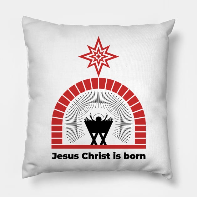 Baby Jesus in the barn, from above the light of the star of Bethlehem. Nativity of the Savior Christ. Pillow by Reformer