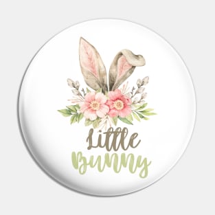 Little Bunny with Watercolor Grey Bunny Ears and Flowers Pin