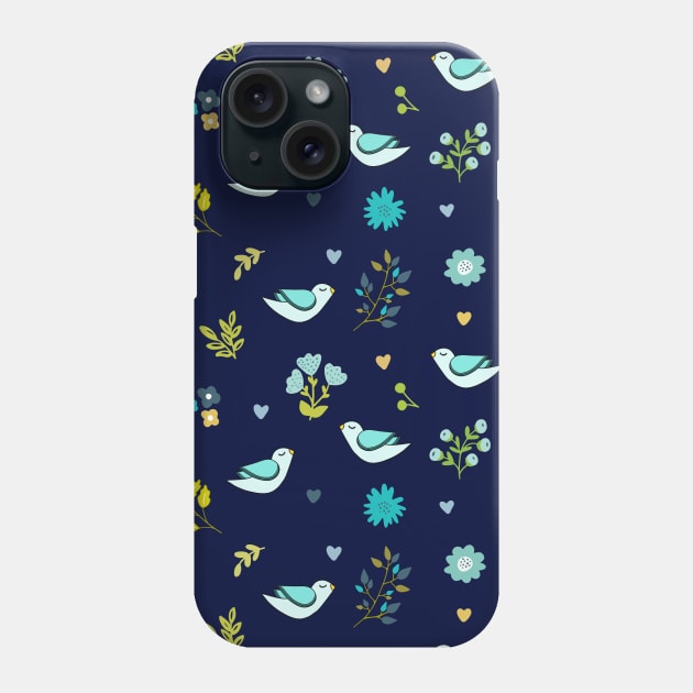 Floral pattern with birds in dark blue background Phone Case by bigmomentsdesign