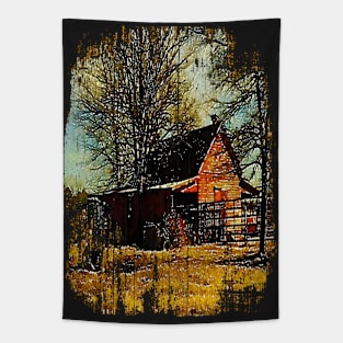 watercolor landscape Autumn western country farmhouse red barn Tapestry