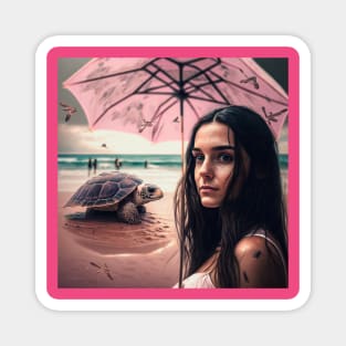 Beach Daydream - Woman with pink umbrella and a turtle in the beach. Magnet