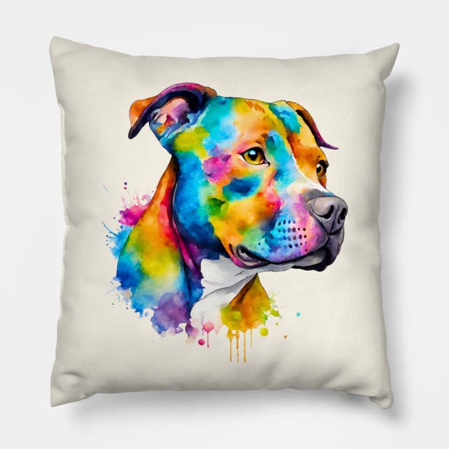 Pitbull Watercolor Portrait Pillow by Doodle and Things