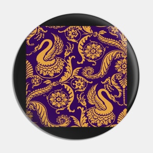 Gold on Royal Purple Classy Medieval Damask Swans Pin