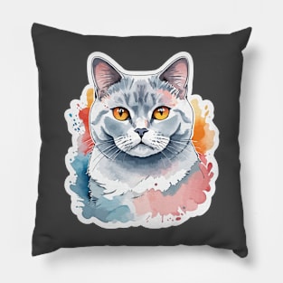 British Shorthair Cat Watercolor Drawing Pillow