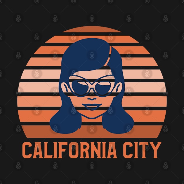 California City Sunset, Orange and Blue Sun, Gift for sunset lovers T-shirt, Camping, Retro Girl with Glasses by AbsurdStore